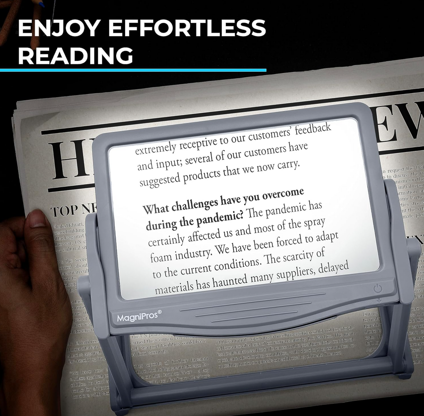 MAGNIPROS Patented 5X Large LED Page Magnifier with Detachable Stand | Eye Caring 3 Color Light Modes & Anti-Glare Lens to Reduce Eye Strain-Ideal for Reading Fine Print, Crafting, Low Vision Seniors