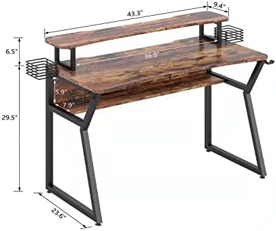 Gaming Desk, Computer Desk with Large Monitor Stand and Open Shelf, PC Laptop Gamer Table Workstation with Cup Holder, Headphone Hook, 2 Speaker Stand for Home Office (Rustic Brown)