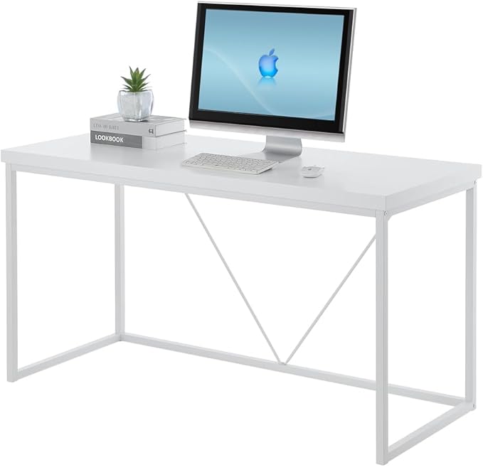 Home Office Desk, Metal and Wood Computer Desk, Modern Rustic Work Study Writing Table for Living Room Bedroom, White Oak, 55 inch