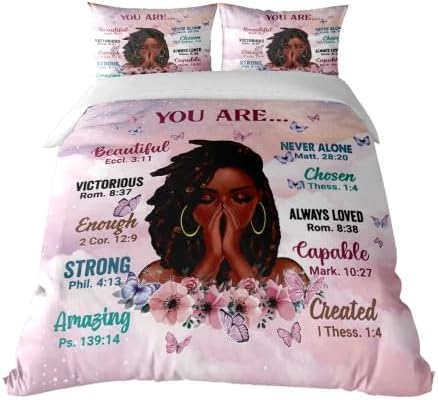 Twin Size Comforter Set with Powerful Quotes from Girls,3 Pieces Featuring African-American Girl - Ideal Gift Bedding for Teens and Women Pink White