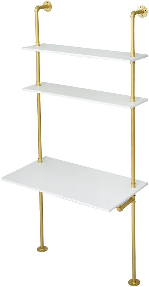 MAIKAILUN White and Gold Desk, 36" Ladder Desk, Wall Mount Computer Writing Table Pipe Shelf Shelving Mini Narrow Industrial Modern for Small Spaces(36x20x81)