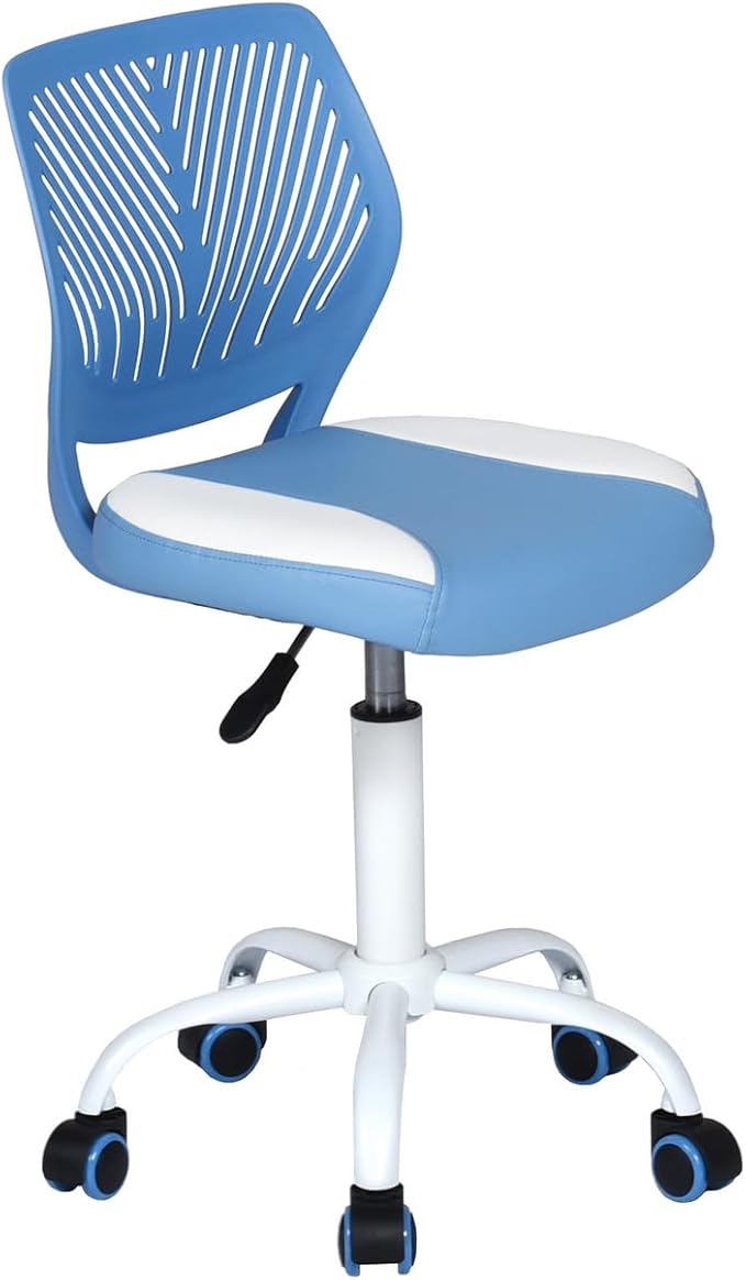 FurnitureR Desk Chair Small Study Chairs Armless for Child Kids Teens, Swivel Rolling Lightweight Task Chair with Wheels and Pu Leather Padded Cushion, Blue/White