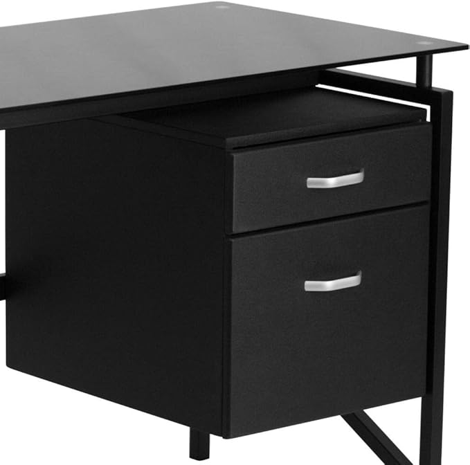 Flash Furniture Singleton Glass Desk with Two Drawer Pedestal,Black
