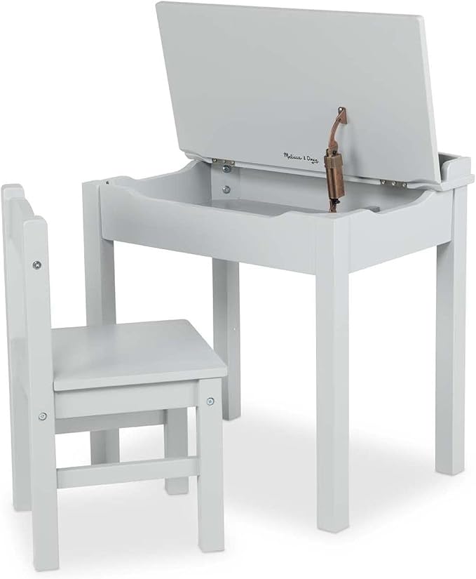 Melissa & Doug Wooden Lift-Top Desk & Chair - Gray , Grey - Toddler And Kids , For Ages 3+ With Self-Containted Storage And Chair Set