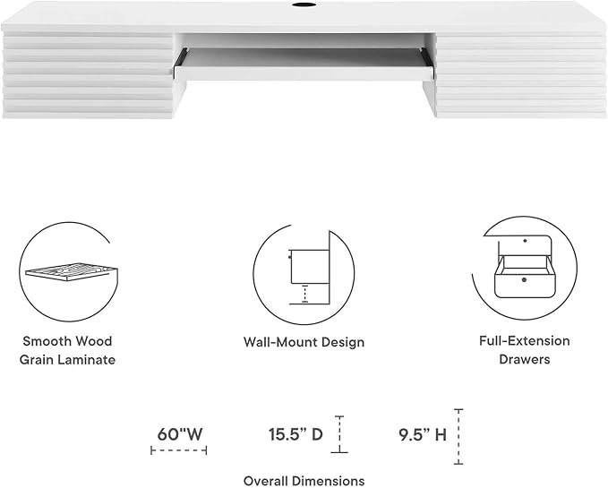 Modway Render Mid-Century Modern, Wall Mount Office Desk, White