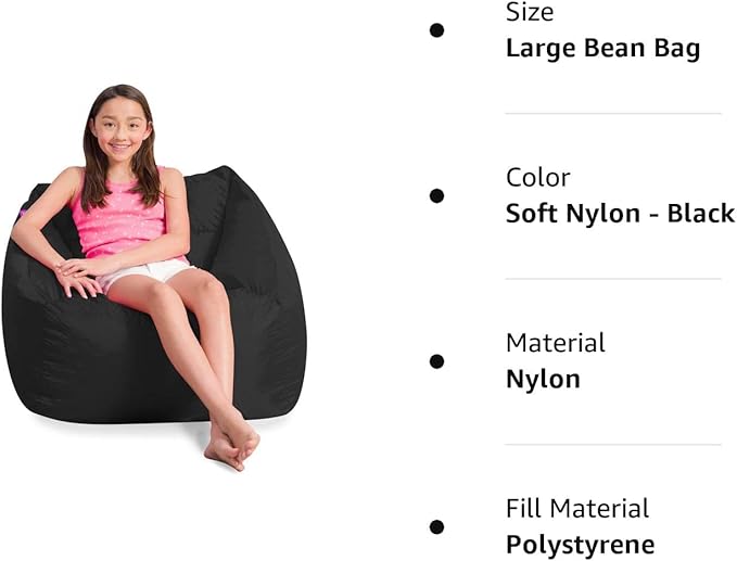 Posh Creations Coronado Bean Bag Boys and Girls Large Chair for Kids, for Gaming and Playrooms, Soft Nylon-Black