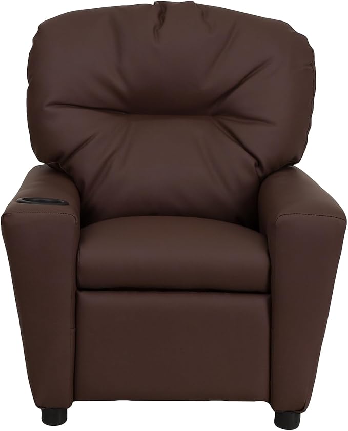 Flash Furniture Chandler LeatherSoft Kids Recliner with Cup Holder and Safety Recline, Contemporary Reclining Chair for Kids, Supports up to 90 lbs., Brown
