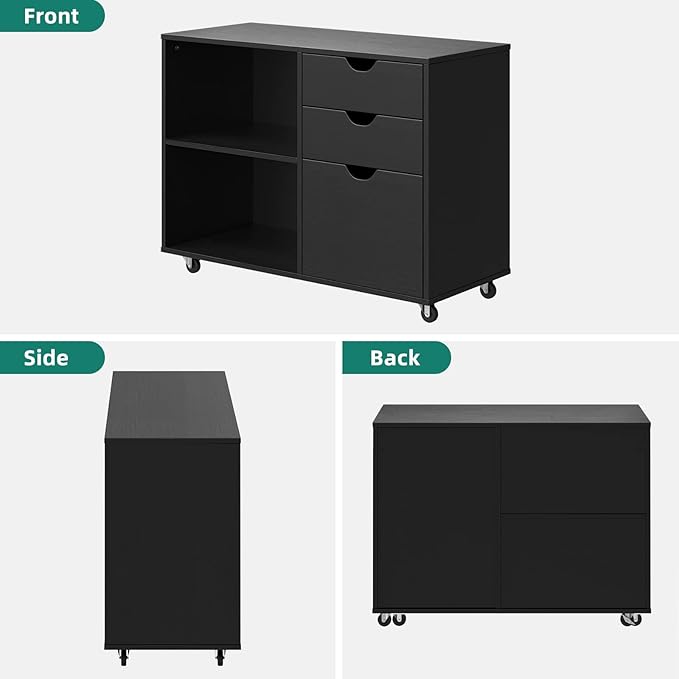 YITAHOME Wood File Cabinet, 3 Drawer Mobile Lateral Filing Cabinet, Storage Cabinet for A4, Letter Size Files, Printer Stand with Shelves for Home Office, Black