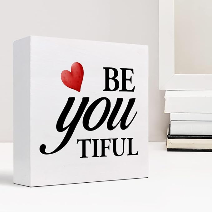 Be You Tiful Sign,Inspirational Quote Wood Box Sign,Motivational Wooden Block Signs,Positive Wood Signs,Decorations for Home Women Girl Room Office Shelf Table Decor