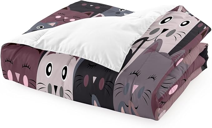 Cat Comforter Set Full Size - 3Pcs Grey Cat Bedding Set for Boys Girls Teens Cute Animals Themed Bedding Set Warm Ultra Soft Cartoon Cat Quilt Cover with 2 Pillowcases for Kids Room Decor