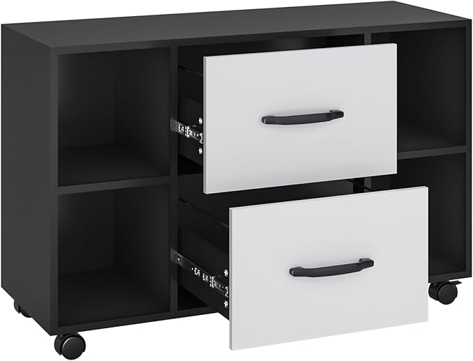 sogesfurniture Mobile Lateral Filing Cabinet with 2 Drawers,Lateral Office Cabinet Printer Stand, Multifunctional Storage Cabinet with Open Shelves and Castors for Home & Office (Black)