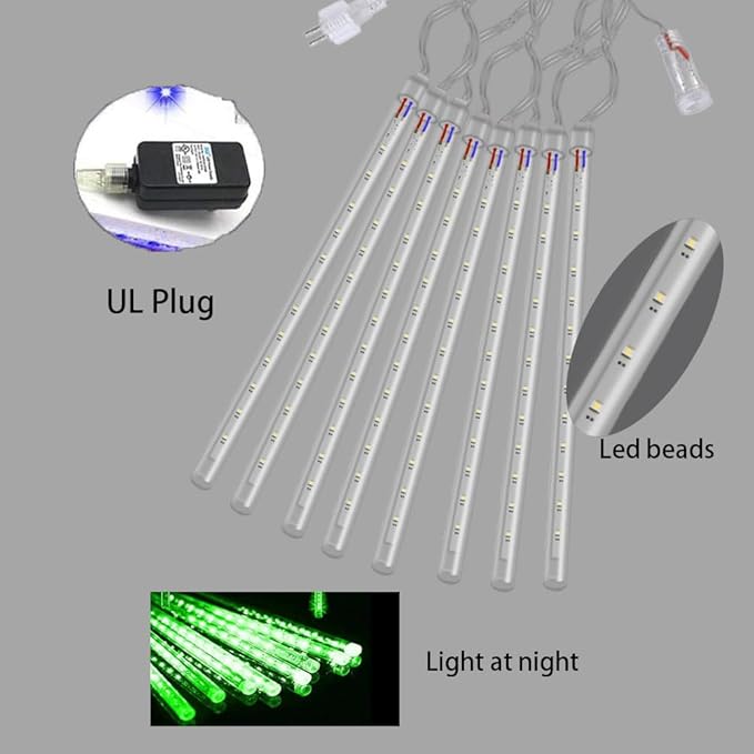 Halloween Lights Outdoor, Meteor Shower Lights Christmas Lights for Halloween Decorations, 8Tube 192LED Snow Falling Rain Icicle String Lights for Xmas Christmas Decor Tree Party,UL Plug Green
