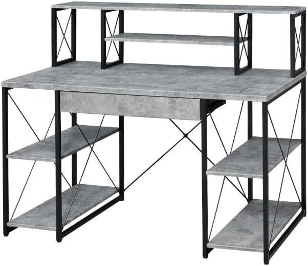Acme Amiel Wooden 1-Drawer Writing Desk in Faux Concrete and Black