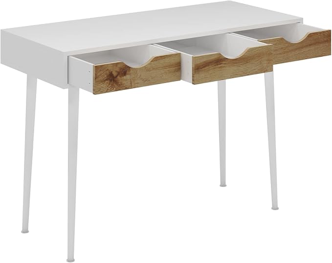 SogesHome 43.3 Computer Desk, Home Office Work Table with 3-Drawers, Gaming Working Writing Table, White&Teak