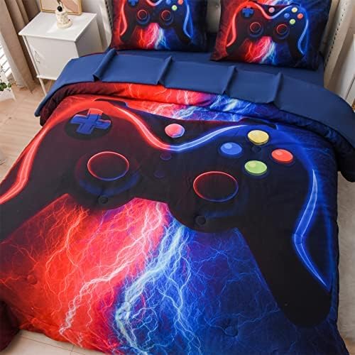Meeting Story Gamer Gaming Bedding Sets Red Blue Lightnings Gamepad Comforter Set for Boys Games Console Action Buttons Novelty Colorful Modern Room Decor Home Quilt Set (Red-Blue, Queen 5Pcs)