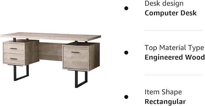 Monarch Specialties Computer Desk with Drawers - Contemporary Style - Home & Office Computer Desk with Metal Legs - 60"L (Taupe Reclaimed Wood Look)