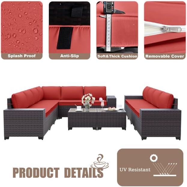 Patio Furniture Set Sofa 12-Pieces Wicker Sectional Sofa Set, Outdoor Furniture Rattan Patio Conversation Set with Thickened Cushions and Glass Coffee Tables, Red