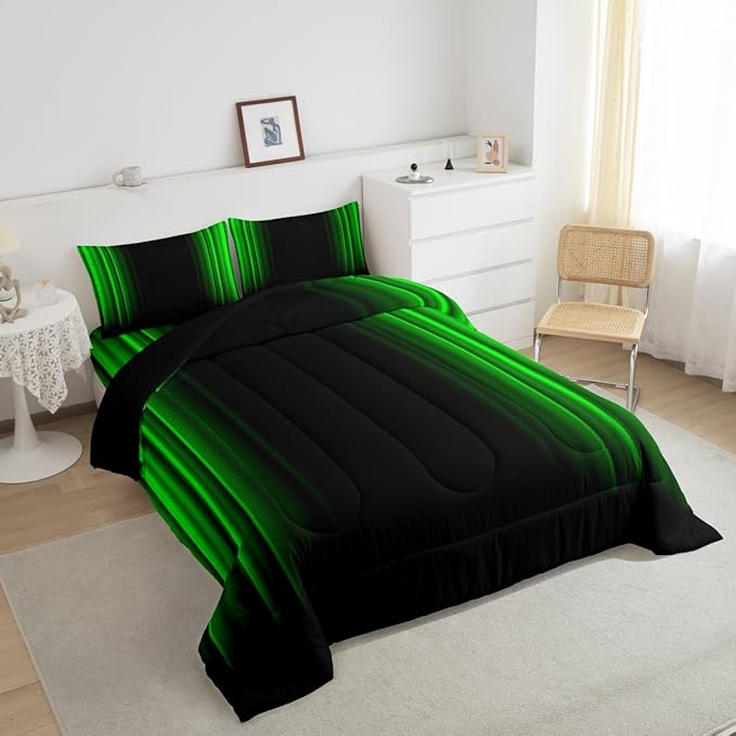 Geometric Abstract Ombre Bedding Bed Set Men Adults Teens Green and Black Striped Comforter Set Kids Boys Girls Simple Modern Comforter Inner Fill Bedroom Collection 3Pcs Full Size