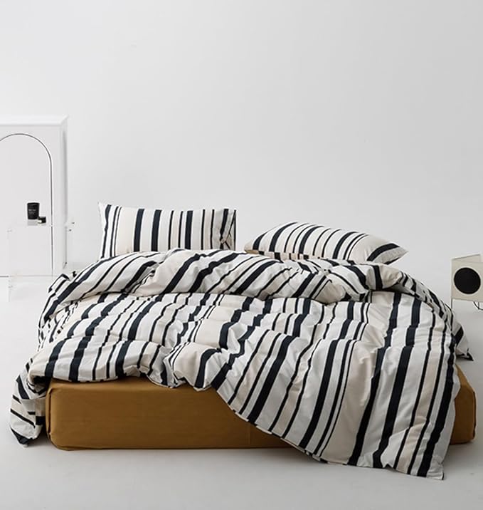 Striped Comforter Set California King Black White Comforter Men Women Modern Chic Stripes Bed Comforter Beige Black Striped Cal King Ticking Bedding Comforter All Season Hotel Quality Bed Set