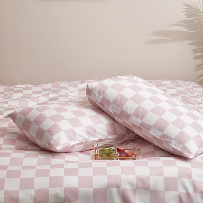 Wellboo Pink White Plaid Comforter Sets King Women Men Bean Pink and White Checkerboard Grid Bedding Comforters Cotton Boys Girls Modern Dusty Pink Checkered Geometric Quilts Luxury Abstract Bed