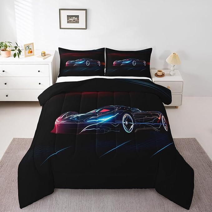 Feelyou Red Blue Race Car Bedding Set Full Size for Kids Boys Extreme Sport Games Comforter Set Teens Toddler Fast and Furious Duvet Set Cool Modern Quilt Set 3Pcs