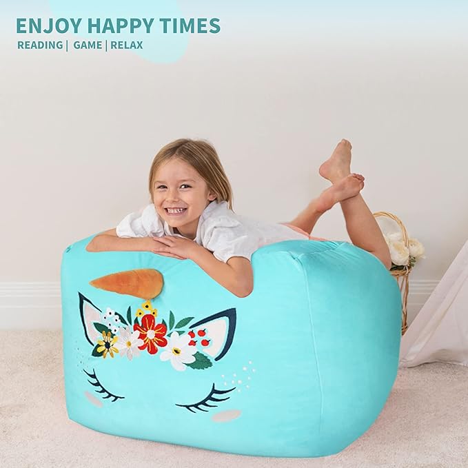 Aubliss Unicorn Stuffed Animal Storage Bean Bag Chair for Kids, Velvet Extra Soft Beanbag Chairs Cover, X-Large Stuffable Zipper Bean Bag for Organizing Plush Toys Girls Bedroom Decor, Cyan Floral