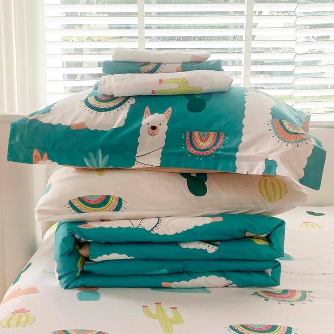 Wajade Kids Llama Comforter Set Bed in A Bag Queen Size 7 Piece Cute Alpaca Tropical Plant Cactus Bedding Set for Girls Boys (1 Comforter, 1 Flat Sheet, 1 Fitted Sheet, 2 Pillowcase and 2 Pillow Sham)
