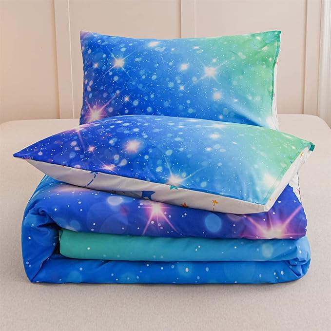 Holawakaka Kids Space Star Glitter Comforter Set Ombre Blue & Green Print Gradient Bedding Set Twin Size(Blue Green, Twin)