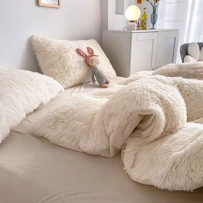 Faux Fur Kids Girls Milky White Comforter Sets King - 3PC Bed Set Warm Comfortable Soft Plush Flannel Velvet Fluffy Fuzzy Bedding(Comforter x 1 Pillowcases x 2)