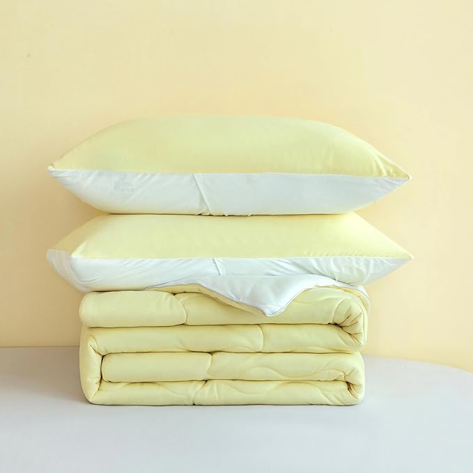 COTTEBED Yellow White Twin Size Bed Comforter Set, Cute Jersey Knit T-Shirt Feel Reversible Blanket Comforter Ultra-Soft Cozy Lightweight Quilt Pillowsham for Kid Boy Girl Dorm All Season Twin/Twin XL