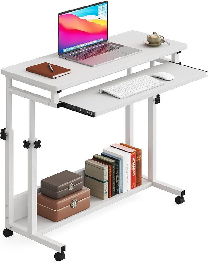 Tribesigns Portable Desk for Sofa and Bed, Height Adjustable Mobile Laptop Table Small Standing Desk Rolling Computer Cart with Keyboard Tray on Wheels for Home Office (White)