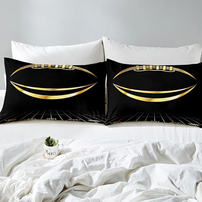 Feelyou Football Bedding Set Twin Kids Rugby Sports Comforter Set American Football Comforter Set for Boys Golden Black Room Decor Lightweight Quilt Set with 1 Pillow Case