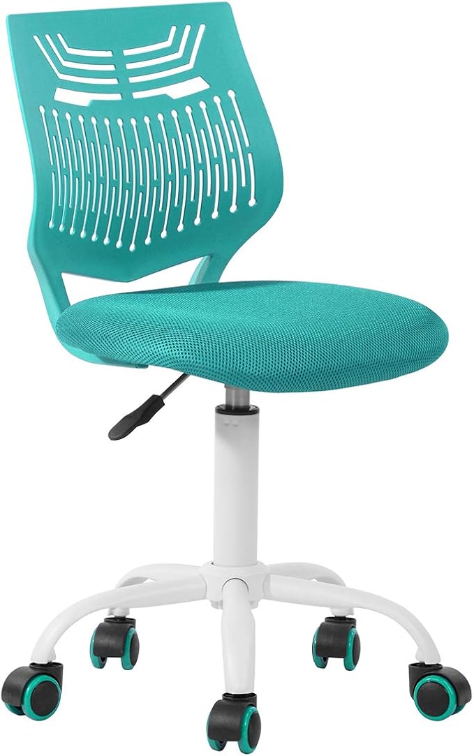 FurnitureR Desk Chair Armless Home Office Task Chair with Mesh Padded Cushion Swivel Study Chair with Rolling Wheels for Kids Teens Children, Turquoise