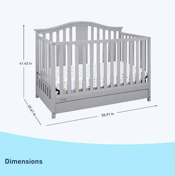 Graco Solano 4-in-1 Convertible Crib with Drawer (Pebble Gray) – GREENGUARD Gold Certified, Crib with Drawer Combo, Includes Full-Size Nursery Storage Drawer, Converts to Toddler Bed and Full-Size Bed