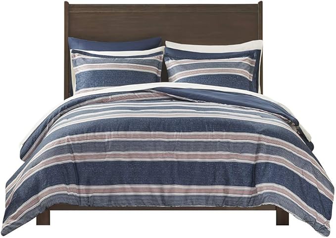 Comfort Spaces Bed in A Bag Comforter Set - College Dorm Room Essentials for Boys Men Bedding, Complete Dormitory Bedroom Pack And Sheet with 2 Side Pockets, King, Stripes Navy/Red
