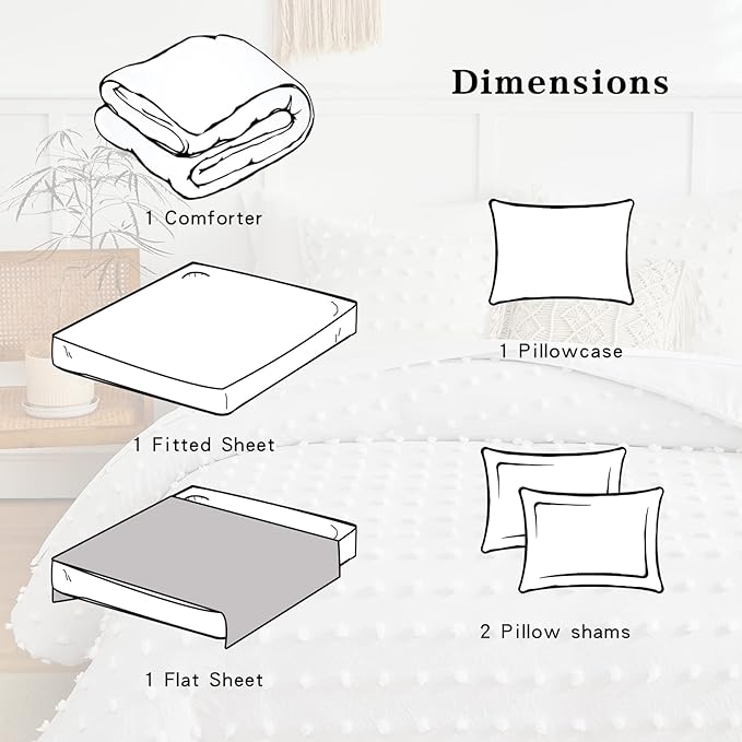 6 Pieces Tufted Dots Bed in a Bag Twin Comforter Set with Sheets White , Soft and Embroidery Shabby Chic Boho Bohemian Comforters, Solid Color with Pom Pom Design, Jacquard Tufts Bedding Set for Kids