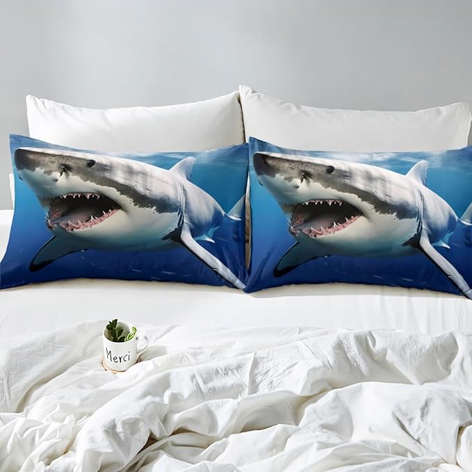 Kids Comforter Set for Boys Girls,3D Shark Fish Down Comforter 3 Piece Hawaiian Beach Theme Bedding Quilted Duvet Set Ocean Sea Animal Pattern Blue Duvet Insert for Toddler Teen Bedroom Decor,Queen