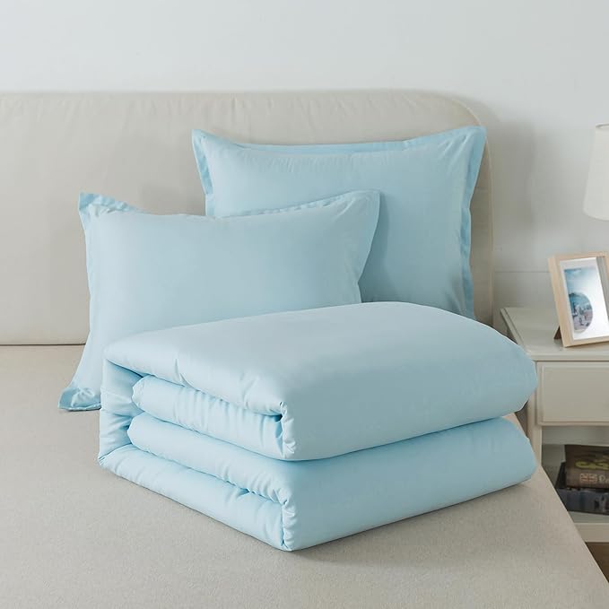 Full Size Baby Blue Comforter Set, Lightweight Down Alternative Soft Boho Bedding Comforter Set, Breathable Fluffy Microfiber Skin-Friendly Comforter for All Seasons