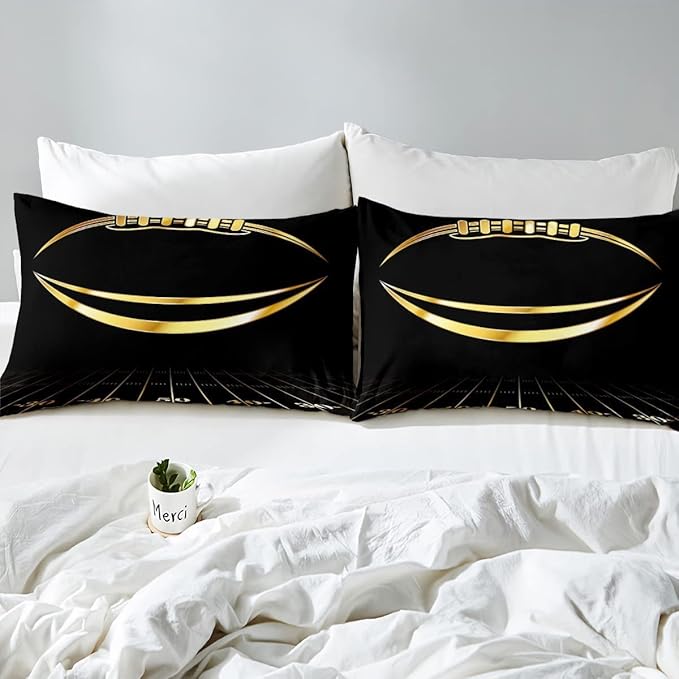 Feelyou Football Bedding Set King Kids Rugby Sports Comforter Set American Football Comforter Set for Boys Golden Black Room Decor Quilt with 2 Pillow Case Boys