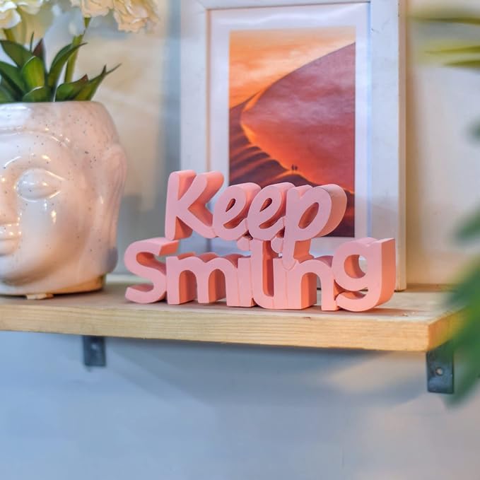 Engineered Wood Keep Smiling Peach Aesthetic Table Decor- Perfect for Home,Office,Desk,Or Shelf. Quirky Room Decoration,Ideal for Birthdays,Corporate Gifts,and Inspirational Wall Decor