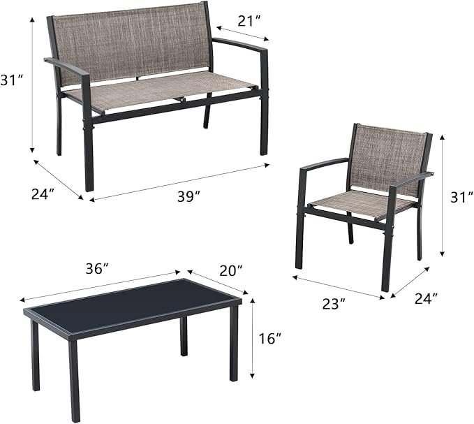 Greesum 4 Pieces Patio Furniture Set Outdoor Conversation Textilene Fabric Chairs for Lawn, Garden, Balcony, Poolside with A Glass Coffee Table, Brown