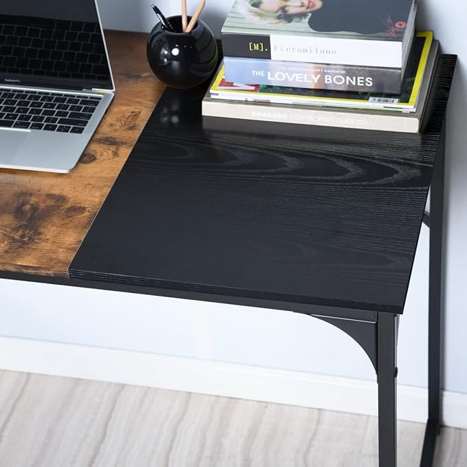 FurnitureR 39.4" Home Office Table Simple Computer Desk Laptop PC Writing Sturdy Metal Frames for Study Room, Brown&Black