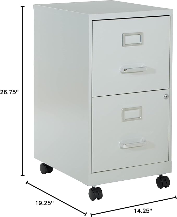 OSP Home Furnishings 2 Drawer Mobile Locking Metal File Cabinet, Grey