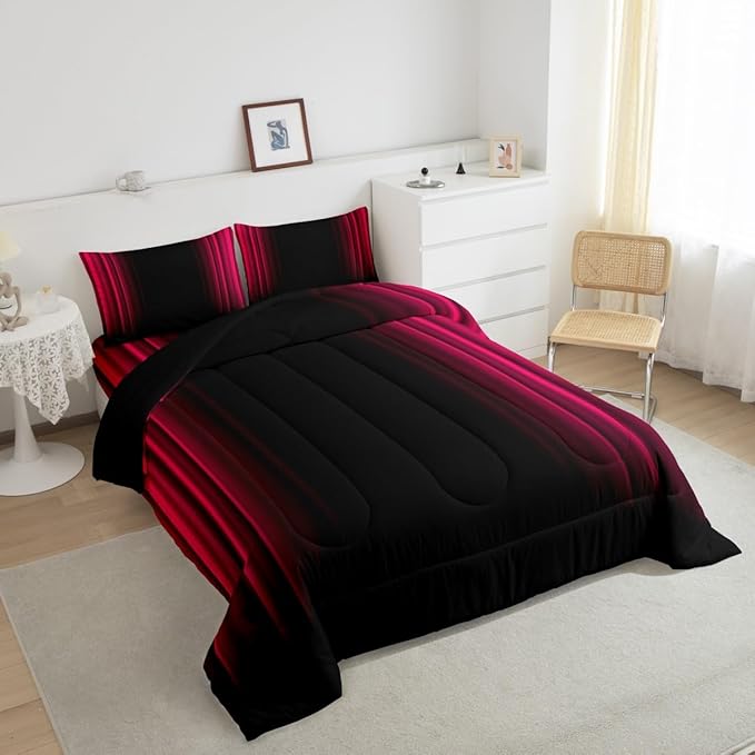 Geometric Abstract Ombre Bedding Bed Set Men Adults Teens Vibrant Red Black Striped Comforter Set Kids Boys Girls Simple Modern Comforter Collection 3Pcs Full Size Boys