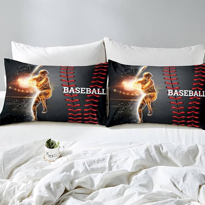 Erosebridal Baseball Bedding Set, Golden Athlete Comforter Set Queen Size, Sports Games Down Comforter for Kids Boys Girls Bedroom, Glitter Outer Space Duvet Insert for Living Room