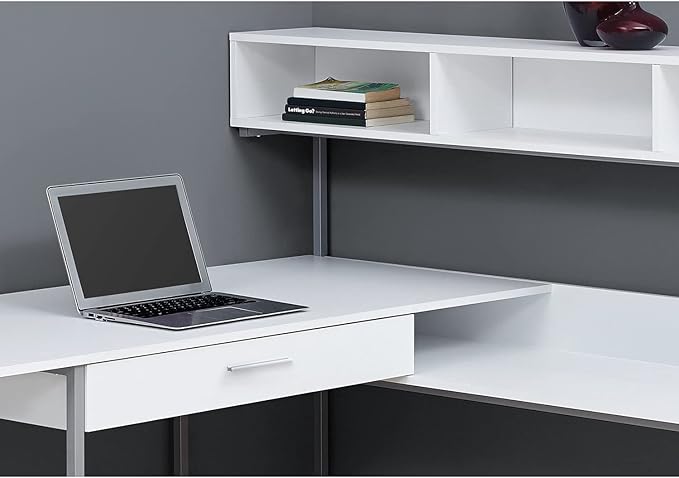 Monarch Specialties Workstation for Home & Office with Multiple Shelves and Drawer L-Shaped Corner Desk with Hutch, 60" L, White/Silver Frame
