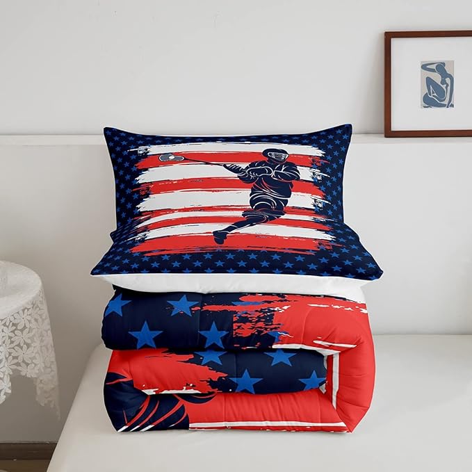 Lacrosse Comforter Set Full Size Boys Gilrs American Flag Sports Theme Bedding Set for Kids Adults Ultra Soft Lacrosse Player Games Comforter Navy Blue Duvet Set Room Decor Quilt Set