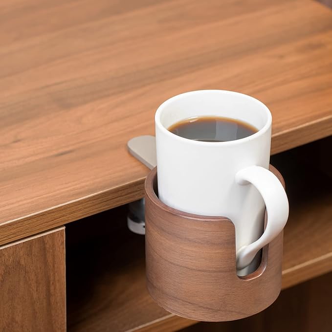 urbanplus Desk Cup Holder, Anti-Spill Walnut Wood Cup Holder for Desk with Aluminium Clamp, Office Desk Accessories, Gaming Desk Accessories, Computer Desk Accessories