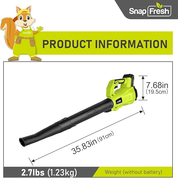 SnapFresh Cordless Leaf Blower - 180 CFM Leaf Blower with Battery & Charger, 2 Section Tubes, Free Control Speed,Lightweight, Electric Leaf Blower for Blowing Leaves, Lawn Care, Dust & Other Debris