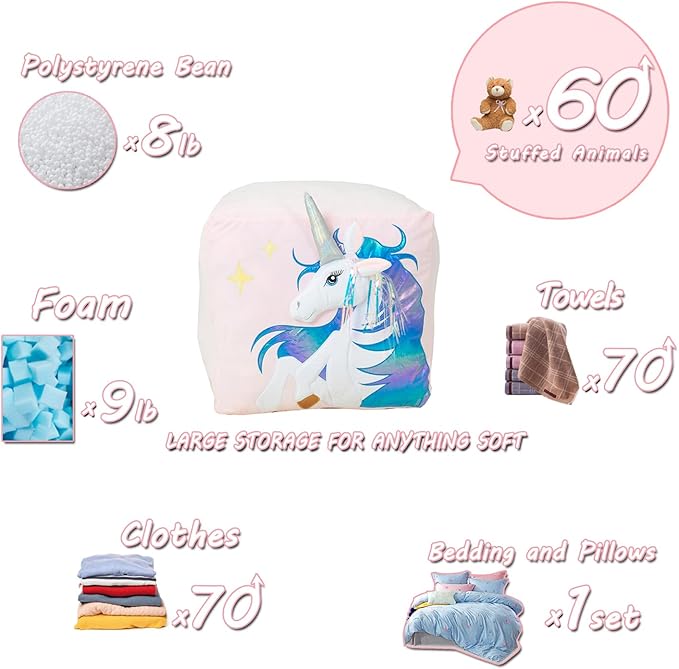 Kids Unicorn Bean Bag Chairs for Organizing Stuffed Animals, Girls Room Decorations Chair, Velvet Fabric Super Soft Large Size Cover Only